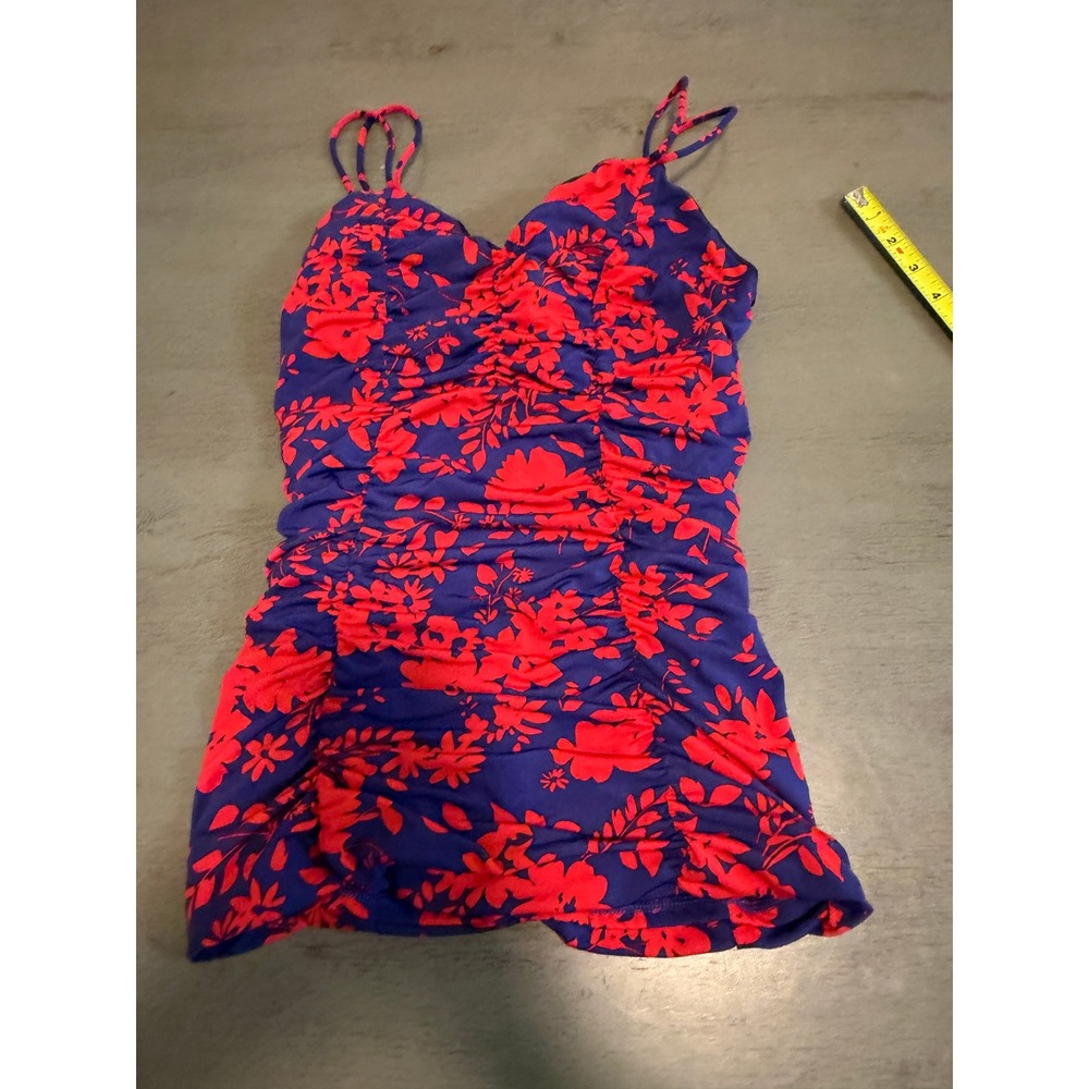 Lands End Floral Ruched Swim Dress Purple Red Size 8 Adjustable Straps Swimsuit